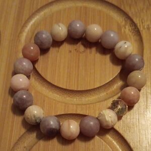 Natural Stone Beaded Stretch Bracelet Pink Opal & Purple Lepidolite